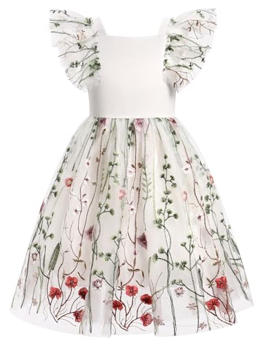 IMEKIS Toddler Kids Girl Princess Dress Boho Backless Butterfly Floral Embroidered Tulle Birthday Pageant Fairy Dress