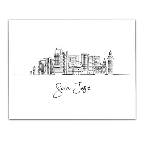 San Jose, California Skyline Line Art Landscape - Us Travel Adventures With Family & Friends Bucket List Vacation Wall Art Decor- Unframed 11 X 14 Black & White Print - Anniversary Travel Gift Ideas #TOP7