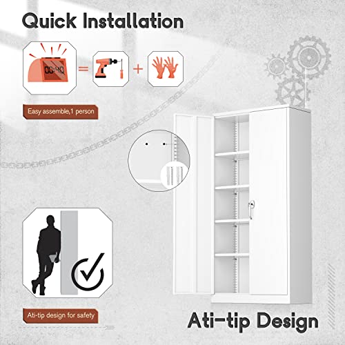Atripark White Metal Storage Cabinet, 72" Locking Cabinet With Doors And 4 Shelves, Tool Cabinet Large Tall Lockable Office Cabinet With Lock And 2 Keys Steel Cabinet For Home, Laundry Room #TOP6