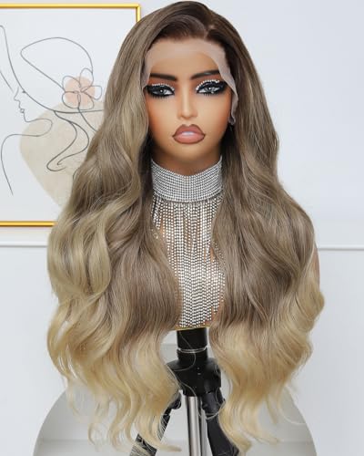 Ruiieea Brown mix Blonde Lace Front Wig, Synthetic 13x4 Lace Front Wig, Body wave Lace Frontal Wig for Women Glueless Daily Use 26 Inch