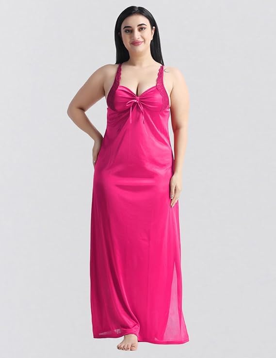 Image of Satin 6 Piece Nightwear Set, Coral Pink Lace Trim Sleepwear with Robe, Nighty, Top, Shorts, Lingerie Set for Women, Summer Collection-Mehndi Green.