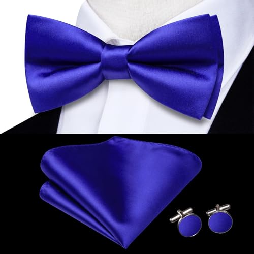 Image of Hi-Tie 5Pcs Mens Solid Color Silk Tie Satin Pretied Bowtie Lapel Pin for Men Handkerchief Cufflink Wedding Gift Box