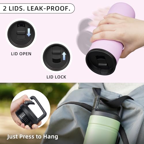 Image of BJPKPK 20 oz Insulated Travel Water Bottle, Coffee Tumbler Stainless Steel | Double Wall Vacuum, Leakproof, Thermal, Keeps Hot /Cold, Dishwasher Safe, Spill Proof, Wide Mouth, 2 Lids, Light Pink