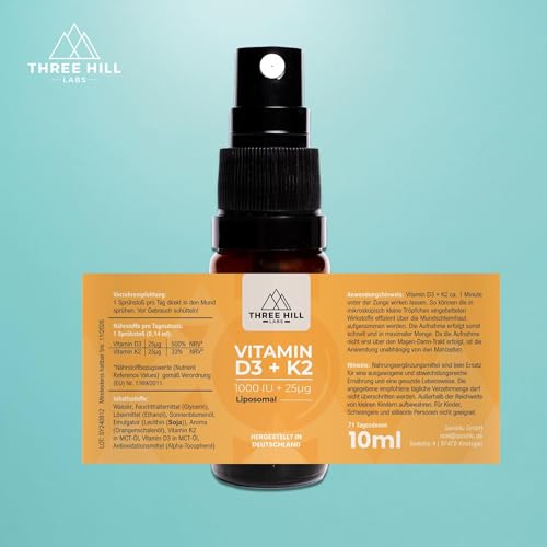 Premium Vitamin D3+K2 Spray - 1000 I.E. - liposomal für maximale Nährstoffaufnahme - vegan und hochdosiert - alkoholfrei - Three Hill Labs
