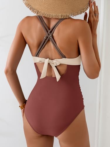 Image of Aidonger Women's One Piece Color Block Swimsuit Tummy Control Slimming Bathing Suit V Neck Cutout High Waisted Swimwear