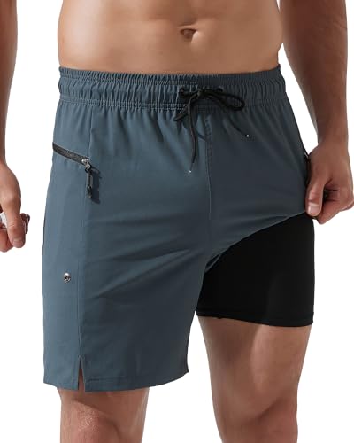 Arcweg Pantalones Cortos de baño para Hombre 2 en 1 Impermeables con Bolsillos con Cremallera y Forro de compresión para el Verano en la Playa o la Piscina Gris L(EU)
