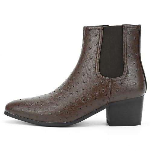 Image of Men'S Classic Leather Chunky Heel Chelsea Boots With Side Zipper Fashion Pointed Toe Elastic Band High Top Block High Heel Formal Chukka Booties For Casual Business Party Wedding