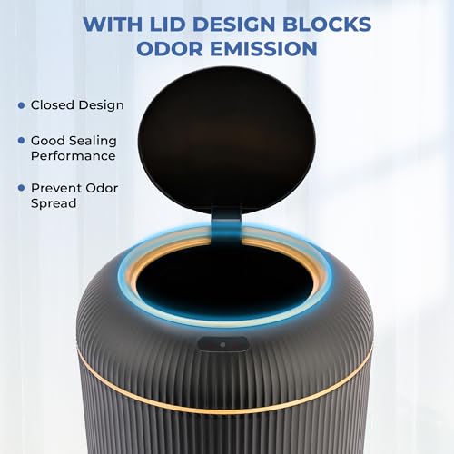 Image of Pukomc Motion Sensor Trash Can, 2.6 Gallon Automatic Trash Can with Lid, Fluted Bathroom Trash Can with Wood Legs, Decorative Round Wastebasket for Bedroom and Office