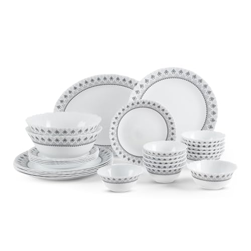 Image of CELLO Damask Imperial Plus Series Opalware Dinner Set of 27 Pieces For Family of 6 | Bone-Ash Free & Leadfree Opal Glass Microwave & Dishwasher Safe Crockery Plates & Bowls Set For Daily Use & Gifting