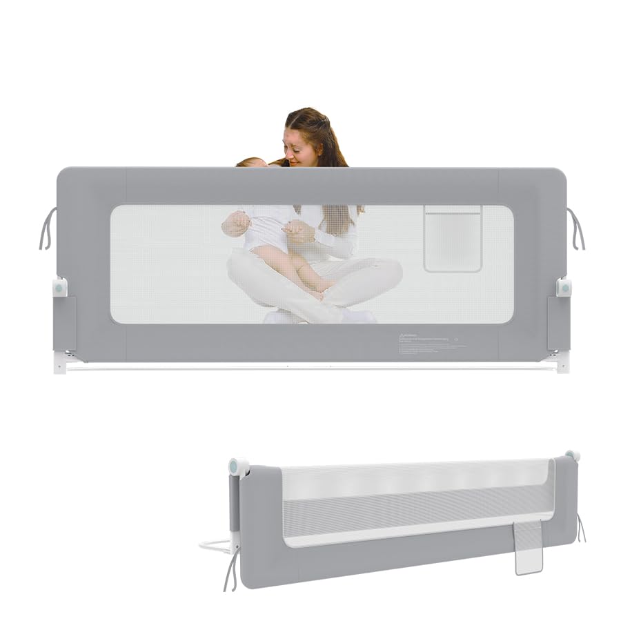 Aufun Bettgitter Rausfallschutz Portable 180cm, Faltbar Kinderbettgitter für Kinder Babybettgitter Klappbar, Tragbar, Bettschuztgitter Bett für Babys und Kinder im Elternbett, Grau