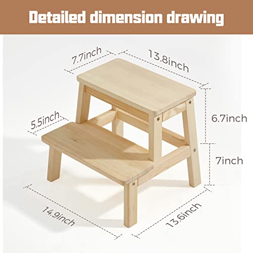 Houchics Wooden Step Stool For Adults Kids, Solid Wood, Multi-Purpose 2-Step Stool For Kitchen, Bed, Bathroom With 260Lb Load Capacity #TOP2