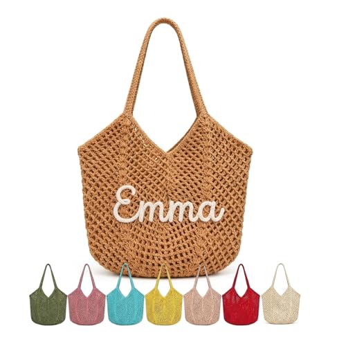 musclerhino Personalized Crochet Beach Bag - Custom Name Woven Tote & Lightweight Summer Mesh Beach Bags for Women Ideal for Bachelorette Party Favors Bridesmaid Gifts Graduation Gifts for Girls