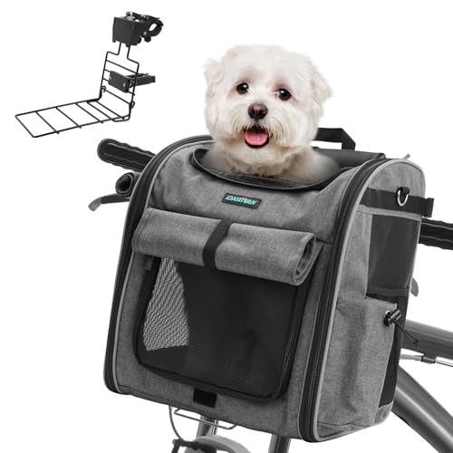 DAISTERN Cestino da Bici Anteriore per Cani Gatti fino a 10KG con Supporto L Ultra-Resistente Φ55mm, Zaino per Animali Domestici con Cerniera SBS, Finestre in Rete Traspirante, Cuscino Impermeabile