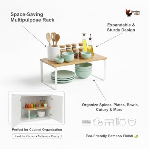 Image of Expandable Kitchen Organizer, Bamboo Finish Spice Rack with Metal Frame, Space-Saving Countertop Cabinet Shelf, Multipurpose Storage Solution (Double Rack (Large + Small))