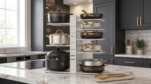 Image of 8-Tier Pots and Pans Organiser Rack for Cabinet, Adjustable Black8-Tier Pots and Pans Organizer Rack for Cabinet, Heavy Duty Adjustable Cookware Storage Holder for Pots, Pans (White)