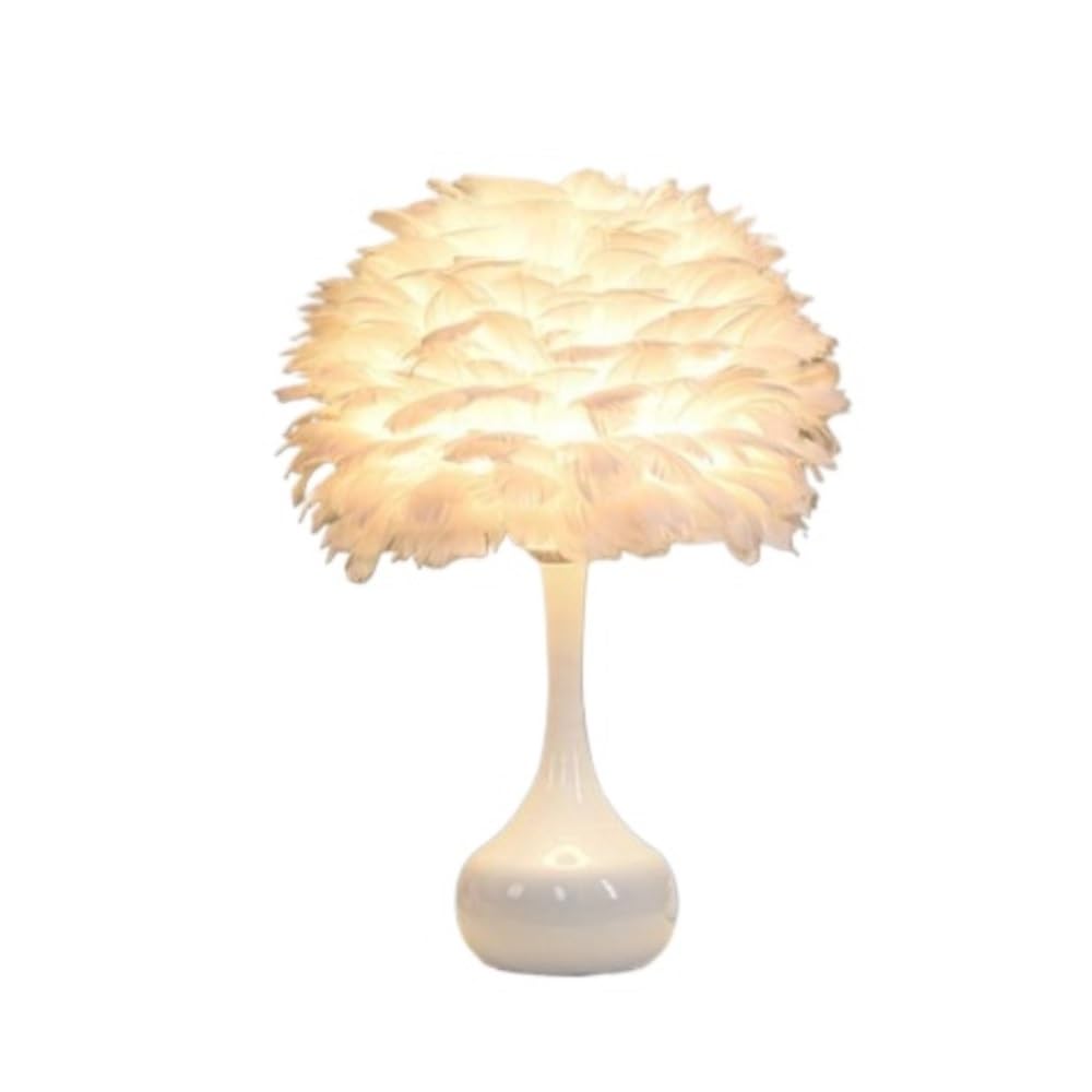 Lampada da tavolo con piume, romantica lampada da comodino | Paralume in piuma, stile romantico, base in metallo, luce ambientale, arredamento della(White)