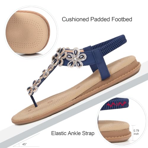 Image of iCKER Women Flat Thong Sandals Rhinestone Sparkly Boho Elastic Ankle Strap | Elastic ankle strap,non‑slip,matches summer dresses,for vacation,wedding,evening and festival