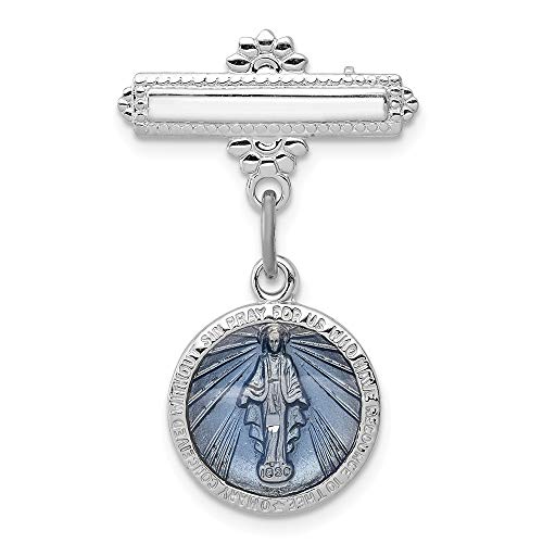 Solid 925 Sterling Silver Enameled Virgin Mary Pendant Pray for Us Charm Miracle Medal Pin - 28mm x 18mm