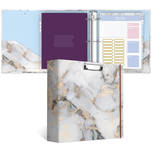Image of 3 Ring Binder, 3 Inches Round Ring Binder with Clipboard, Dividers Tabs, PVC Zipper Bag Sleeves & to Do List Planners for Women, Men, School, Office Supplies, White Marble