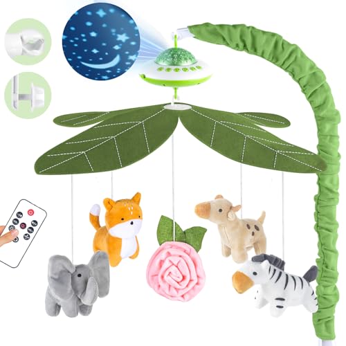 Playix Baby Crib Mobile with Music and Lights, Nursery Baby Mobile for Crib Bassinet with Remote Control, Rotation, Starlight Projection, Crib Toys for Babies Boys Girls Green