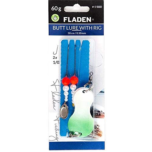 Fladen Buttlöffel-Vorfach - Butt Lure, Plattfischvorfach Grün-Glow, Gewichte 40g-120g, bleifrei, 50cm, Schnur 0,50mm, 2 Haken Gr. 1/0 (80g)
