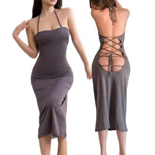 SINROYEE Damen Sexy Club Bodycon Kleid Ausschnitt Neckholder Rückenfrei Geraffte Mini Party Kleider, Grau 2, Einheitsgröße