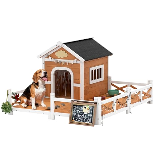 PawHut Outdoor Dog House, 56" Wooden Dog House with Large Porch, Weatherproof & Openable Roof, Elevated Base, Removable Floor, Outside Shelter for Small to Medium Breeds, 47" × 56" × 31.5"