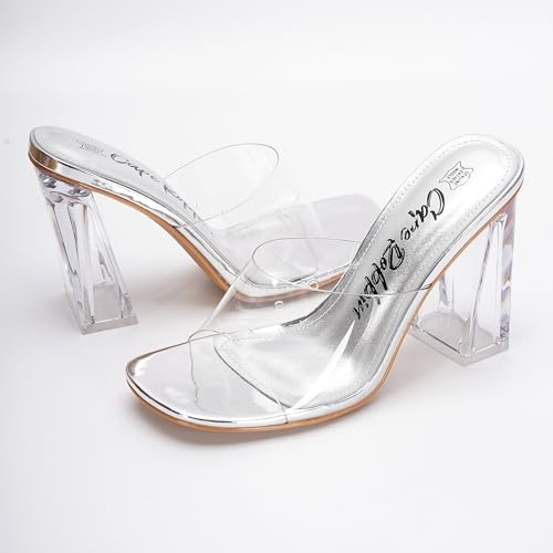 Cape Robbin Clear Slip On Block Heels for Women - Square Toe Chunky Dress Shoes for Women - Transparent Heeled Mule Sandals with 3.75 Inch Heel (Lynnett) Silver 10 by Cape Robbin - Used condition - Image 3