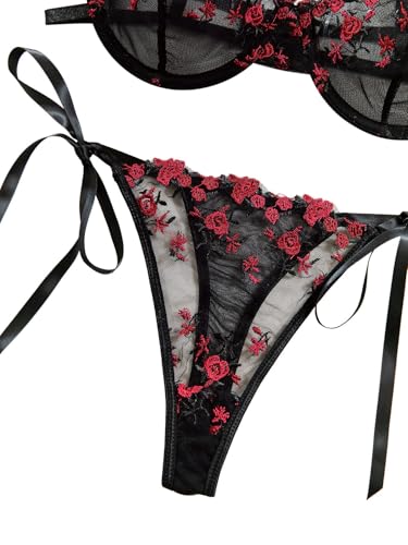 Image of Lilosy Sexy Tie Side Cute Underwire Push Up Strappy Embroidered Mesh Sheer Lingerie Set