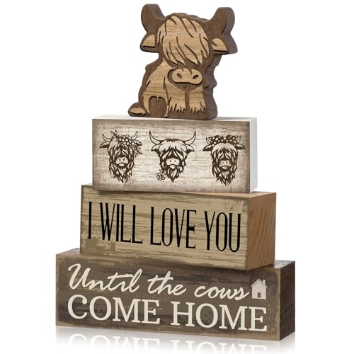 Image of Moucuny 4 Pcs Highland Cow Table Decorations Rustic Western Tiered Tray Decor Decorative Highland Cow Block Signs Western Tabletop Centerpieces Farmhouse for Home Desk Room Kitchen Shelf Decor