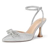 mysoft Women's Rhinestone Bow Pumps Wedding Dress Shoes Pointed Toe Ankle Strap Kitten Heels Silver
