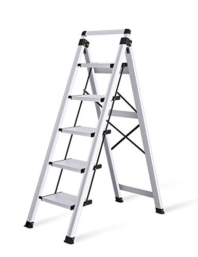 Xinsunho Retractable Handgrip 5 Step Ladder Safety Wide Pedal Step Stool Aluminum 300lbs Capacity Slim Design Ladder