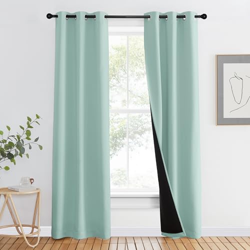 Image of NICETOWN Aqua Blue 100% Blackout Curtain Set, Thermal Insulated & Energy Efficiency Window Draperies for Guest Room, Full Shading Panels for Shift Worker and Light Sleepers, 37W x 80L, 2 PCs