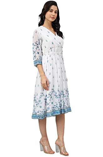 Image of Janasya Women's Dobby Georgette Floral Printed Fit & Flare Dress