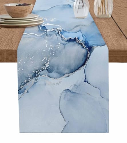 ZOE GARDEN Marble Table Runner 108 Inches Long - Ombre Blue Marble Grey Farmhouse Modern Kitchen Dining Burlap & Cotton Tablerunner for Small/Round/Square/Wedding/Coffee/Dining Table Party Home Décor