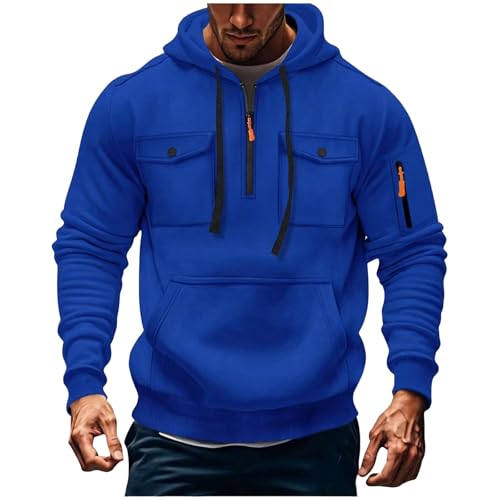 Mens Tactical Cargo Hoodie Casual Quarter Zip Sweatshirt with Multi Pockets Fashion Solid Long Sleeve Pullover Jacket