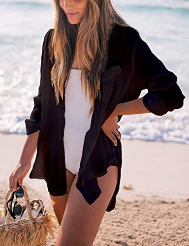 Image of Bsubseach Women Long Sleeve Beach Shirt Blouses Bathing Suit Cover Up Button Down Collar