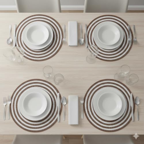 Image of Cotton Rope Placemats, Round Red with White Border, Set of 4, Heat Resistant Table Mats (Coffe and Beige)