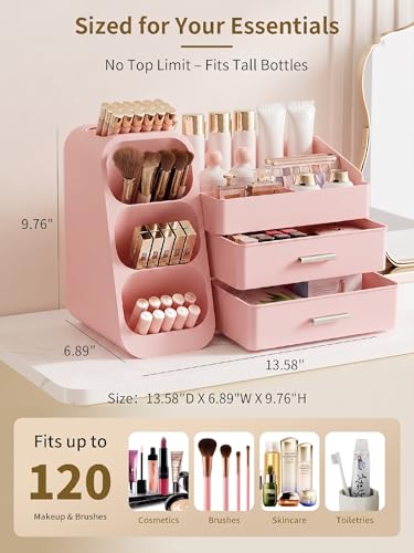 Image of Booklov Makeup Organizer for Vanity, Large Capacity Cosmetic Display Case with Drawers, Countertop Beauty Storage Holder for Skincare, Brush Eyeliner Perfume Eyeshadow Lipsticks, Counter Desk, Pink