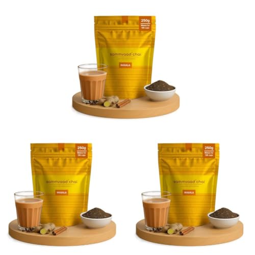 Image of Sammvaad Masala Chai - 250g | Kadak Assam CTC Tea with Ginger & Cardamom | Strong & Aromatic | Makes 135 Cups | Freshness Sealed Pack (Pack of 3)
