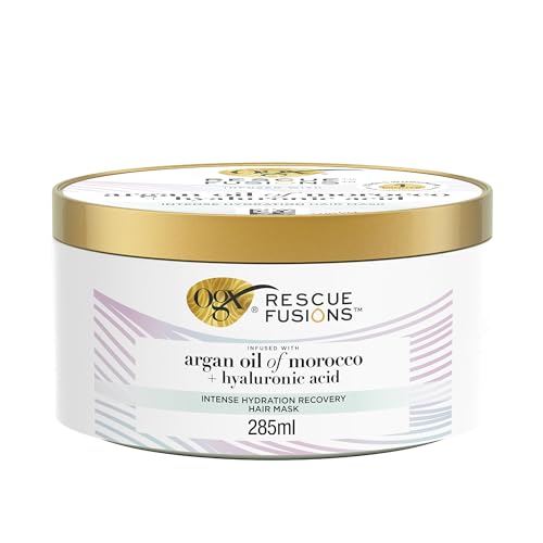 OGX Rescue Fusions Intense Hydration Recovery Hair Mask (285 ml), mascarilla pelo con aceite de argán y ácido hialurónico, tratamiento hidratante cabello que reduce la rotura