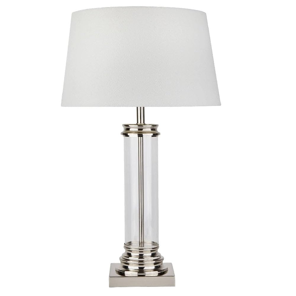 Britalia Satin Chrome and Clear Glass Table Lamp with Off White Fabric Shade, E27 ES, 37cm x 63cm, Inline Switch