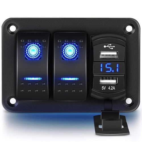 Greluma Panel de aluminio con interruptor basculante 2 vías,voltímetro y doble USB (4,2A),carga rápida,LED retroiluminado,precableado,IP65 re sistente al agua uso marítimo,barco,coche y camión (azul)