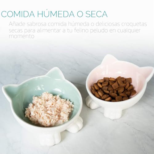 Miniatura 3 de Navaris 2x Cuenco Para Mascotas Con Forma De Gato - Comedero Y Bebedero Doble De Cerámica Para Perros O Gatos - Inclinados Y Antideslizantes