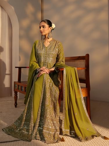Image of Libas Art Embroidered Georgette Anarkali Kurta With Palazzos and Dupatta | ethnic wear | bridal suit | occasion wear