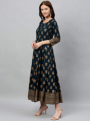 Image of KIPEK Women's Mustard Block Print Kurta with Dupatta - Rayon Fabric, 3 /4 Sleeves, Round Neck and Ankle Length.