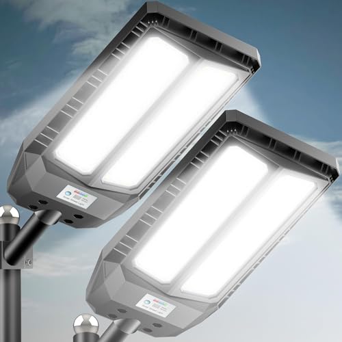 Image of 6000W Solar Street Lights Outdoor, 7000K Solar Light Outdoor LED Street Light Dusk to Dawn, LED Wide Angle Lamp with Motion Sensor and Remote Control, for Parking Lot, Yard, 2 Pack