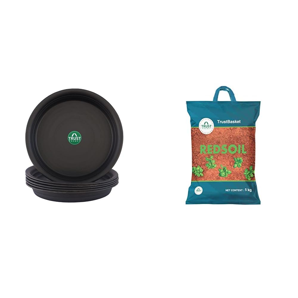 TrustBasket UV Treated Round Bottom Tray/Plate/Saucer Suitable for 10 inch Round Plastic Pot (Black Color) - Set of 6 & TrustBasket Garden Red Soil 5 Kg (Pack of 1) (B0CCV2TB73) Amazon Price History, Amazon Price Tracker