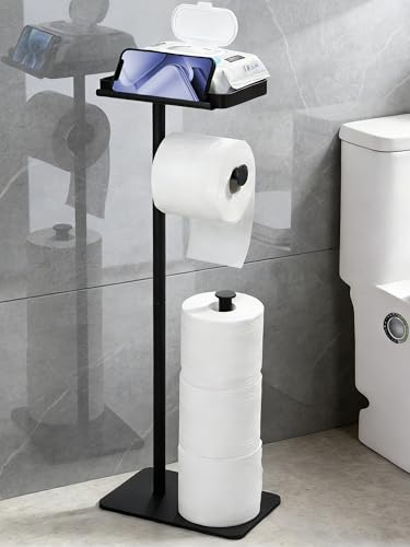 ZUNTO Freistehender Toilettenpapierhalter mit Ablage Schwarz 62cm Höhe Standmodell mit Ersatzrollenhalter