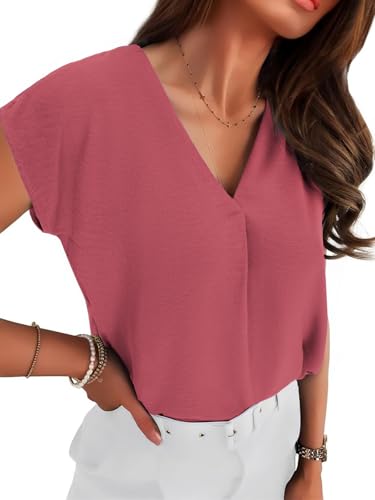 Totatuit Women V Neck Chiffon Blouses Cap Sleeve Loose Dressy Casual Shirts